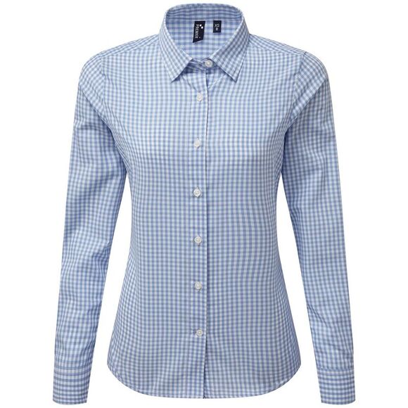 Premier Womens/Ladies Maxton Gingham Long-Sleeved Shirt / Light Navy/White - Picture 1 of 2